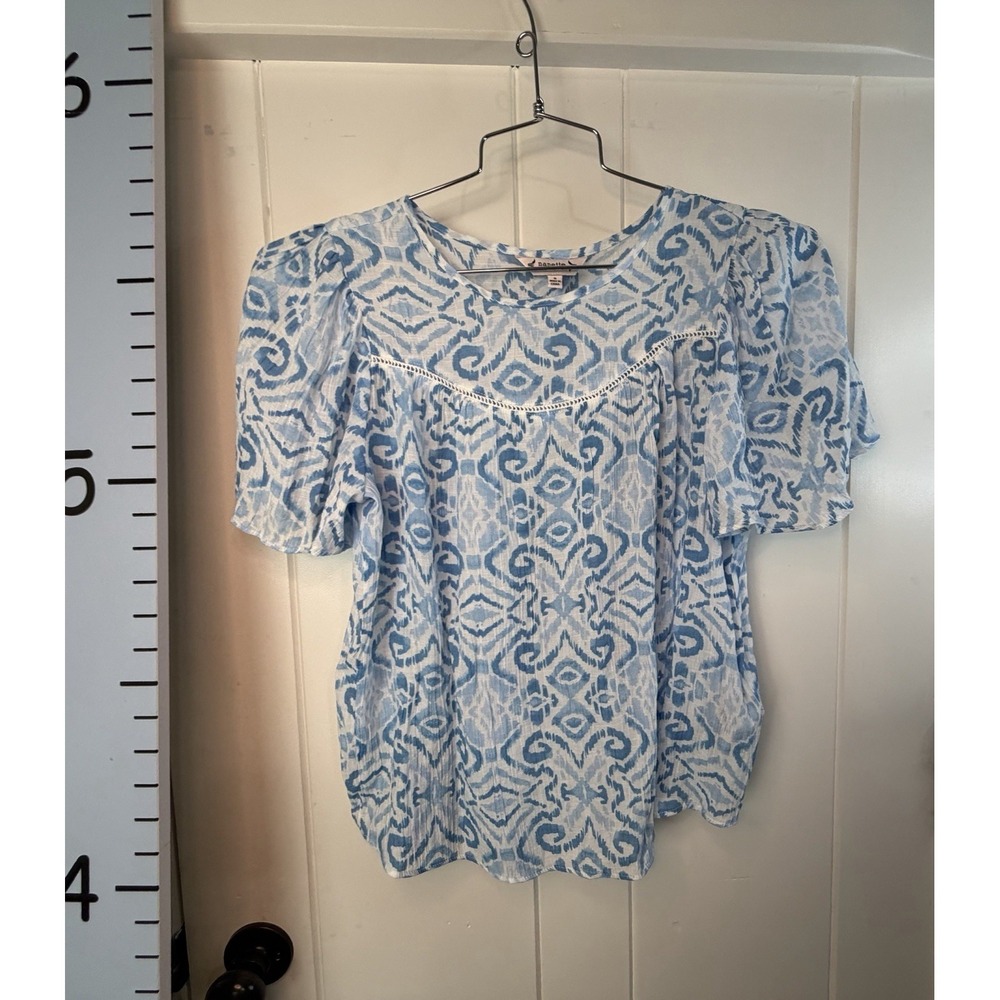 Nanette Lepore Blue Floral Paisley Crochet Accent Round Neck Women Small Blouse